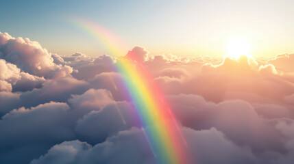 Wall Mural - a pastel rainbow appearing through fluffy white clouds during sunrise