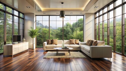 Wall Mural - Sleek minimalist contemporary interior with cream walls, dark hardwood floor, and large windows bathing the space in natural light.