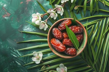 Medjool Date. Bowl of Raw Organic Dates with Date Palm Leaves and Flowers
