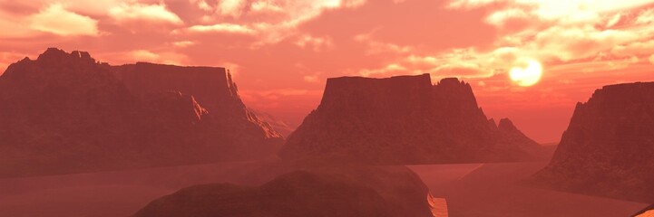 Wall Mural - mars, the surface of another planet at sunset, martian landscape, panorama of mars, 3d rendering