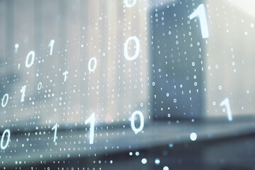 Wall Mural - double exposure of abstract virtual binary code hologram on modern business center exterior backgrou