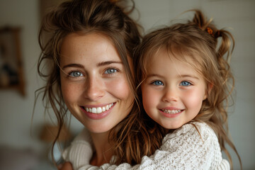 Wall Mural - A tender image of a mother and daughter, both with beautiful blue eyes and light freckles, wrapped in warm, knitted sweaters.