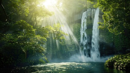 Wall Mural - A waterfall in a dense forest, with sunlight filtering through the trees and illuminating the water