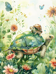 Whimsical Watercolor Snail Adventure on Friendly Turtles Back in Lush Green Garden - A delightful watercolor showcasing a cheerful snail happily exploring a lush green garden on the back of a friendly