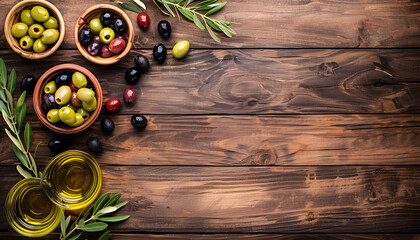 Green, black and red olives on a brown wooden background. Various types of olives in bowls and olive oil with fresh olive leaves. Copy space. Place for text.