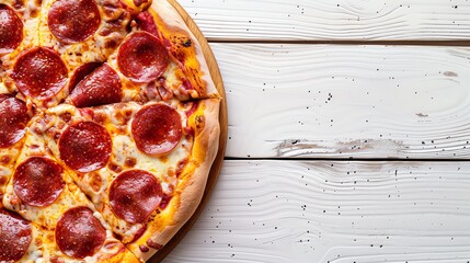 Delicious pepperoni pizza with melted cheese on a wooden table, top view, isolated on white background, copy space