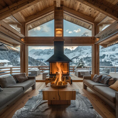 Elegant wooden chalet with fireplace Modern living room interior design with mountain view