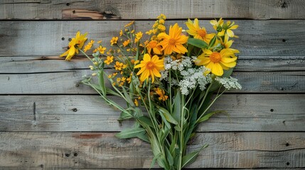 Poster - Rustic bouquet of summer meadow s yellow flowers on wooden backdrop