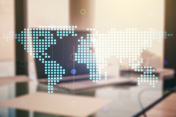 Wall Mural - multi exposure of abstract creative digital world map on laptop background, research and analytics c