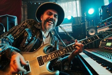 A musician is playing guitar and singing in a professional recording studio. He's wearing a cool hat while he's playing his electric guitar