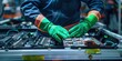 © Ahmed - Technicians in green gloves dismantling electric vehicle battery in manufacturing plant. Concept Production, Technicians, Electric Mobility, Battery Breakdown, Green Glove