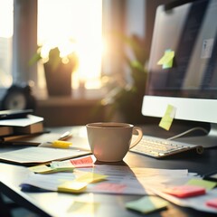 Wall Mural - Desktop computer with a coffee cup and sticky notes. Soft morning light. Corporate workspace background. 