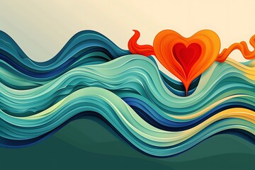 Wall Mural - A series of abstract waves with a heart at the crest, symbolizing the rise of community wellness
