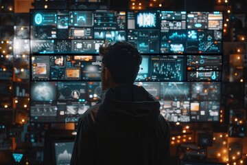 A person gazes intently at a computer display filled with a multitude of icons and buttons