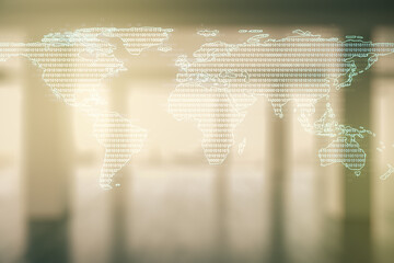 Wall Mural - multi exposure of abstract creative digital world map hologram on empty corporate office background,