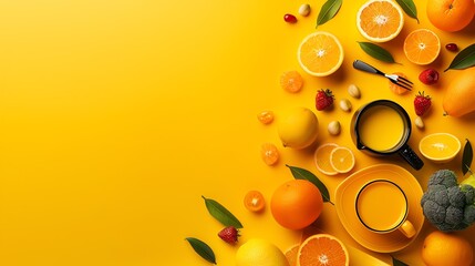 Wall Mural - Yellow minimalist background with space above for text flat design top view food theme 3D render Triadic Color Scheme