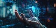 © Ahmed - Close-up of a hand with a futuristic augmented reality device projecting holographic data, against a high-tech digital backdrop. Futuristic augmented reality technology concept
