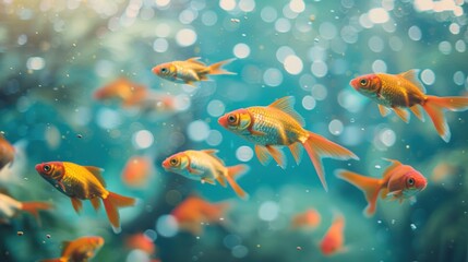 Wall Mural - Goldfish swimming in clear water with a sparkling bokeh effect, capturing the serene and vibrant underwater scene.