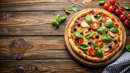 Canvas Print - Pizza served on wooden table, pizza, table, food, Italian, cuisine, delicious, meal, cheese, crust, tomato, toppings, savory