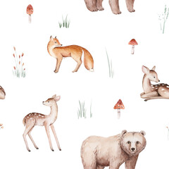 Wall Mural - Watercolor Woodland animals seamless pattern. Fabric wallpaper forest with baby deer. Owl, fox and butterfly, Bunny rabbit set of forest, bear and bird baby animal Nursery