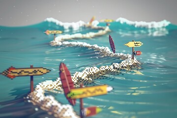 A series of pixelated waves with surfboards pointing to various coastal adventures