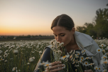 Canvas Print - A woman is sitting in a field of white flowers, smelling them. The scene is peaceful and serene, with the sun setting in the background. The woman is enjoying the moment.