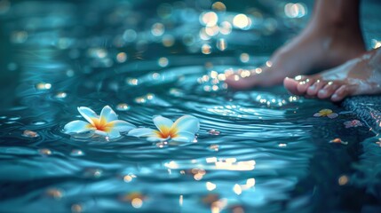 Wall Mural - White flowers floating on serene water, with bokeh lights and gentle ripples adding to the tranquil and dreamy scene.