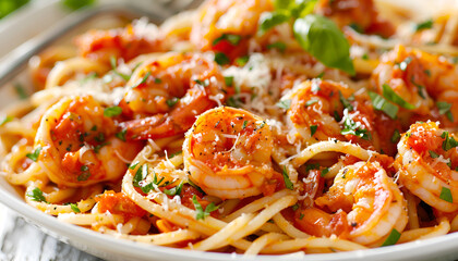Wall Mural - Pasta with Shrimp, Tomato Sauce and Herbs