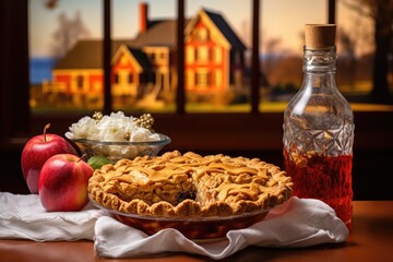 Wall Mural - American apple pie with a backdrop of a cozy New England village.