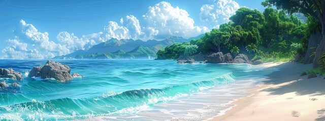 Wall Mural - Illustration lively beach scene with clear blue water.