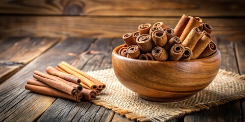 Wall Mural - Cinnamon sticks in bamboo bowl on a rustic wooden background, spices, cinnamon, sticks, culinary, food, ingredient, cooking