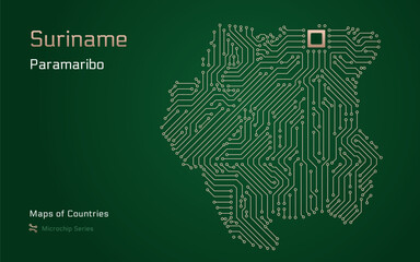 Wall Mural - Suriname Map with a capital of Paramaribo Shown in a Microchip Pattern with processor. E-government. World Countries vector maps. Microchip Series	
