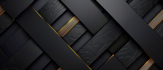 Concept of black golden geometric shapes of cubes, cuboids and squares or stripes in 3d gradient texture background wall, business design pattern