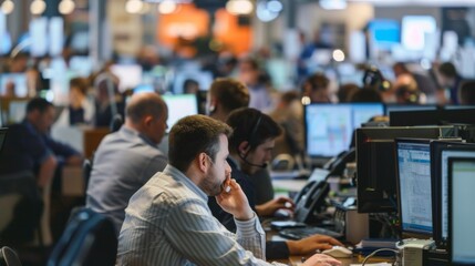 Poster - A busy trading floor with traders working on computers, making phone calls, and discussing market movements.