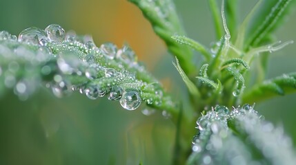 Wall Mural - Fresh dew drops on vibrant green leaves