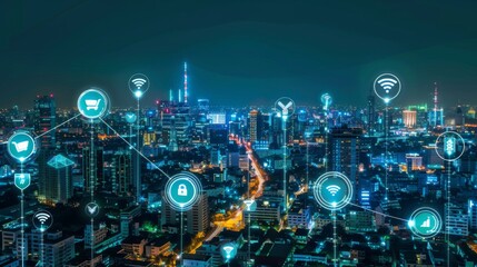 Poster - A cityscape at night with digital lines and icons representing wireless networks and connectivity across the metropolis.