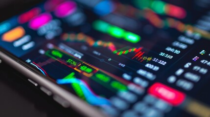 Aufkleber - A close-up of a smartphone screen showing a stock trading app with live stock prices, buy/sell buttons, and market news.