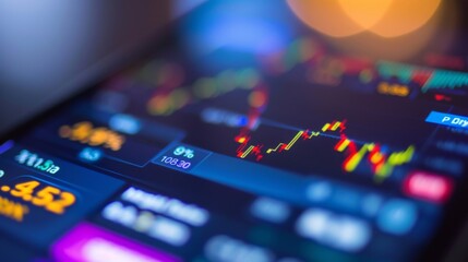 Aufkleber - A close-up of a smartphone screen showing a stock trading app with live stock prices, buy/sell buttons, and market news.