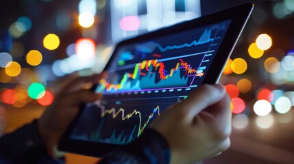 Aufkleber - A close-up of hands holding a tablet showing a diversified stock portfolio with different sectors and asset allocations.