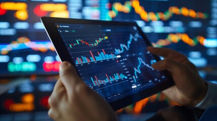 Aufkleber - A close-up of hands holding a tablet showing a diversified stock portfolio with different sectors and asset allocations.