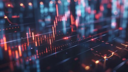 Leinwandbilder - A detailed view of a stock market chart with candlestick patterns, volume bars, and moving averages, used for technical analysis.