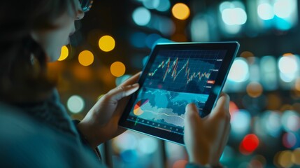 Poster - A financial analyst reviewing line graphs on a tablet, focusing on trends and stock market performance.