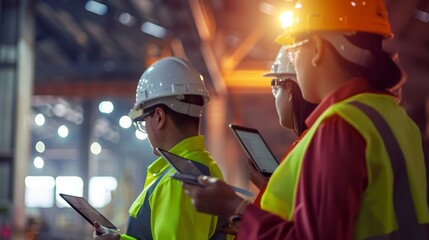 Wall Mural - A group of engineers at a construction site, using tablets and digital tools to review project progress and make updates.