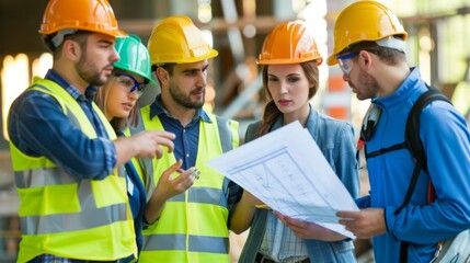 Wall Mural - A group of engineers in hard hats and reflective vests discussing blueprints on a construction site, showcasing teamwork and planning.