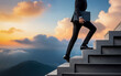 © itakdalee - a man in a suit climbs the stairs against a background of clouds and sunlight, business motivation, success