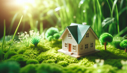 Wall Mural - Miniature house model in a vibrant green field with sunlight filtering through 