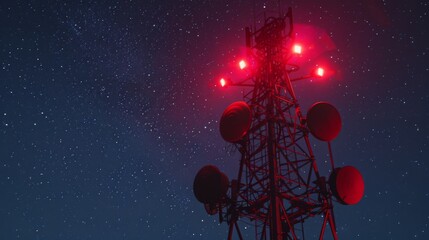 Aufkleber - A night shot of a cellphone tower with red blinking lights, standing against a starry sky, ensuring visibility and safety.