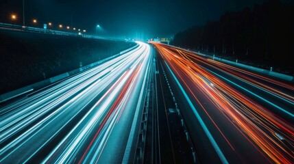 Poster - A nighttime shot of a highway with long exposure light trails from cars, capturing the motion and energy of traffic.