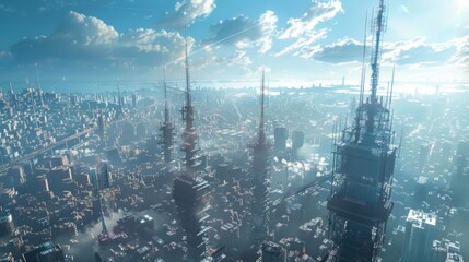 Aufkleber - A panoramic view of a city with 5G towers and antennas, representing the future of high-speed wireless communication.