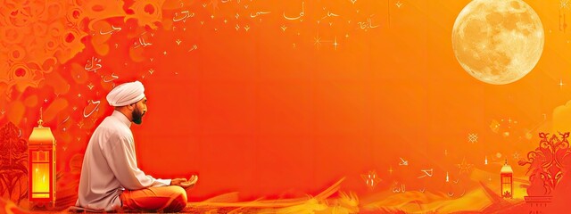 Wall Mural - Banner for Islamic New Year with praying Muslim man, copy space right - generative ai